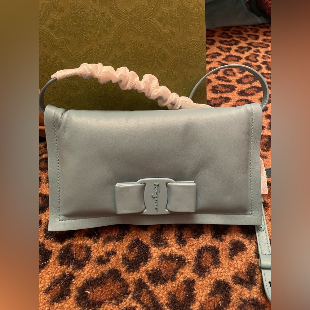 Powder Blue Ferragamo Leather Shoulder and Clutch Bag with adjustable strap.